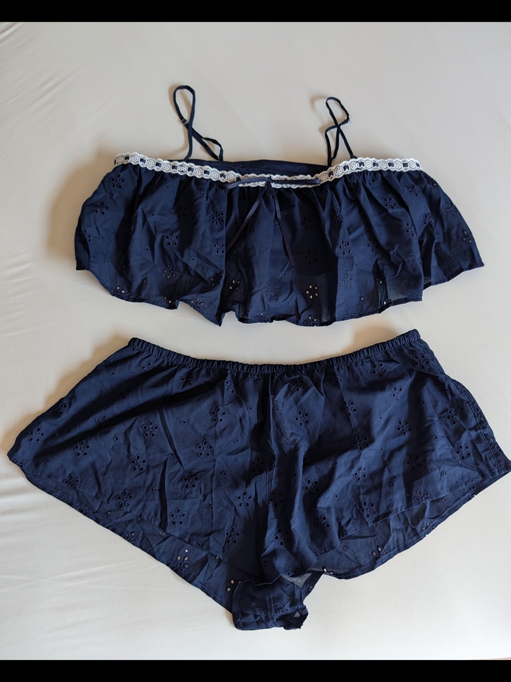Victoria's Secret Navy Eyelet Two-Piece Pajama Set with Lace Trim